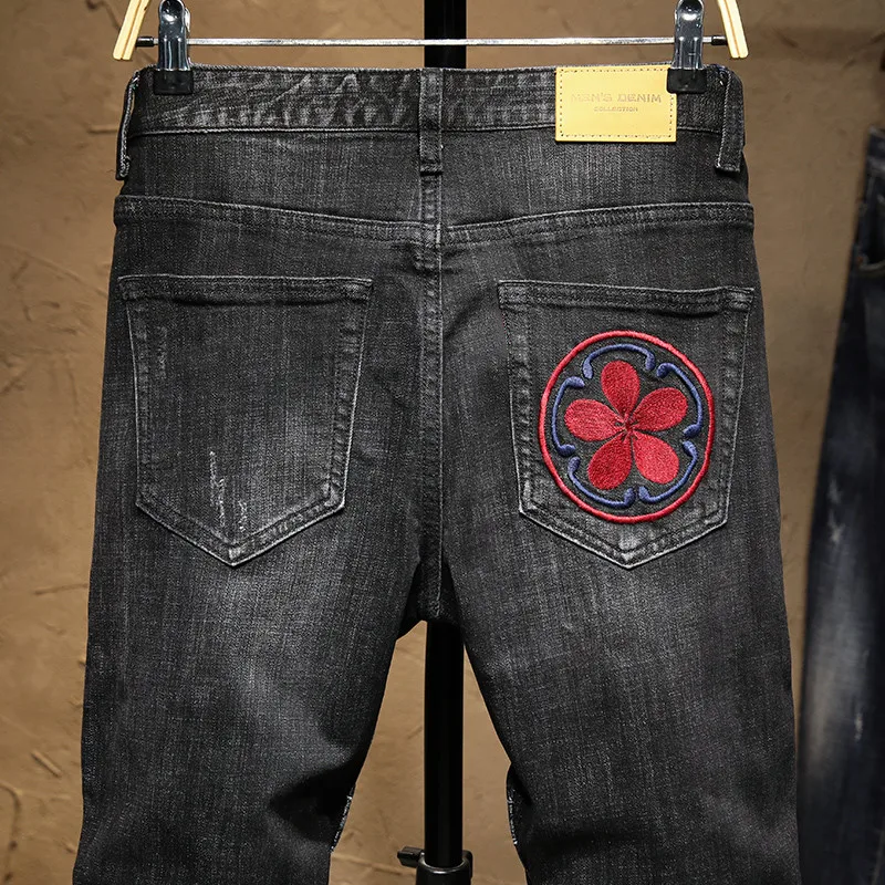 Джинсы мужские стрейчевые уличная одежда облегающие джоггеры с вышивкой дракона