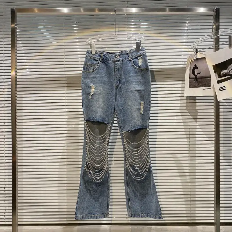 

Летние джинсы для девочек, новинка 2021, джинсовые брюки до колена с бахромой и бриллиантами, женские элегантные облегающие джинсы, женские ул...