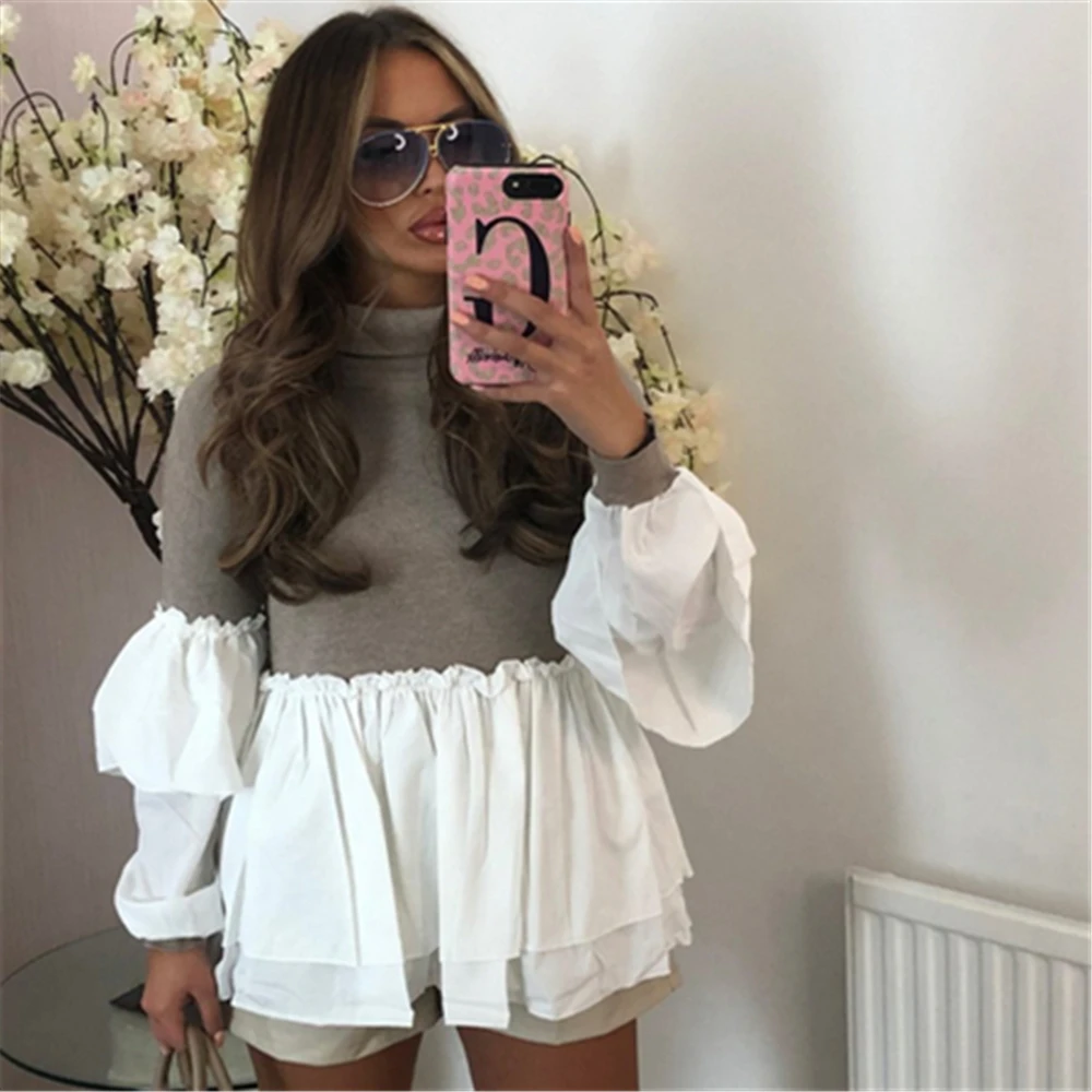 

Women Turtleneck Sweater Casual Long Sleeve Ruffle Trim Patchwork Knit Pullover Fashion Leisure Trendy Spring Autumn Daily Wear