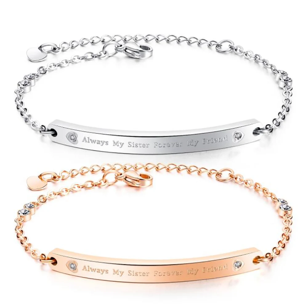 Минималистичный модный изящный браслет из нержавеющей стали цвета розового золота с длинным стержнем и кубическим цирконием для надписей «Always My Sister»