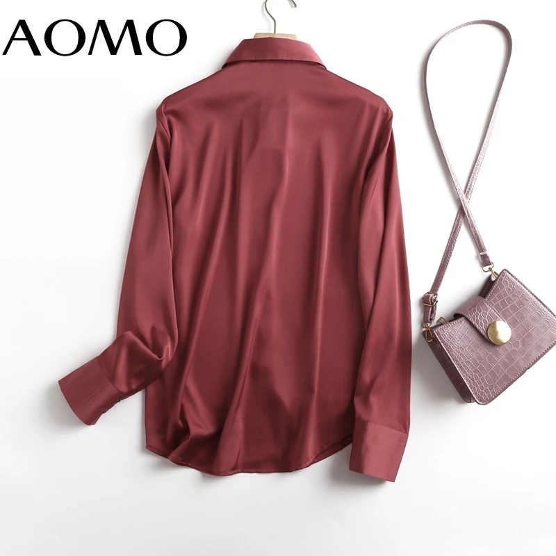 

AOMO Women High Quality Satin Red Shirt Blouse Long Sleeve Chic Female Office Lady Top 6D12A
