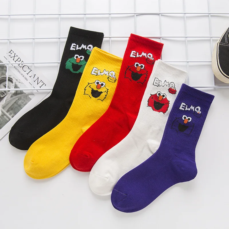 Women Socks Sesame Street Cartoon Cosplay Elmo Cookie Monster Funny Cute Kawaii Cotton Sock Long Sox Streetwear Woman Soks | Женская