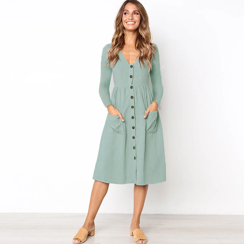 Женское свободное платье на пуговицах повседневное однотонное с длинными