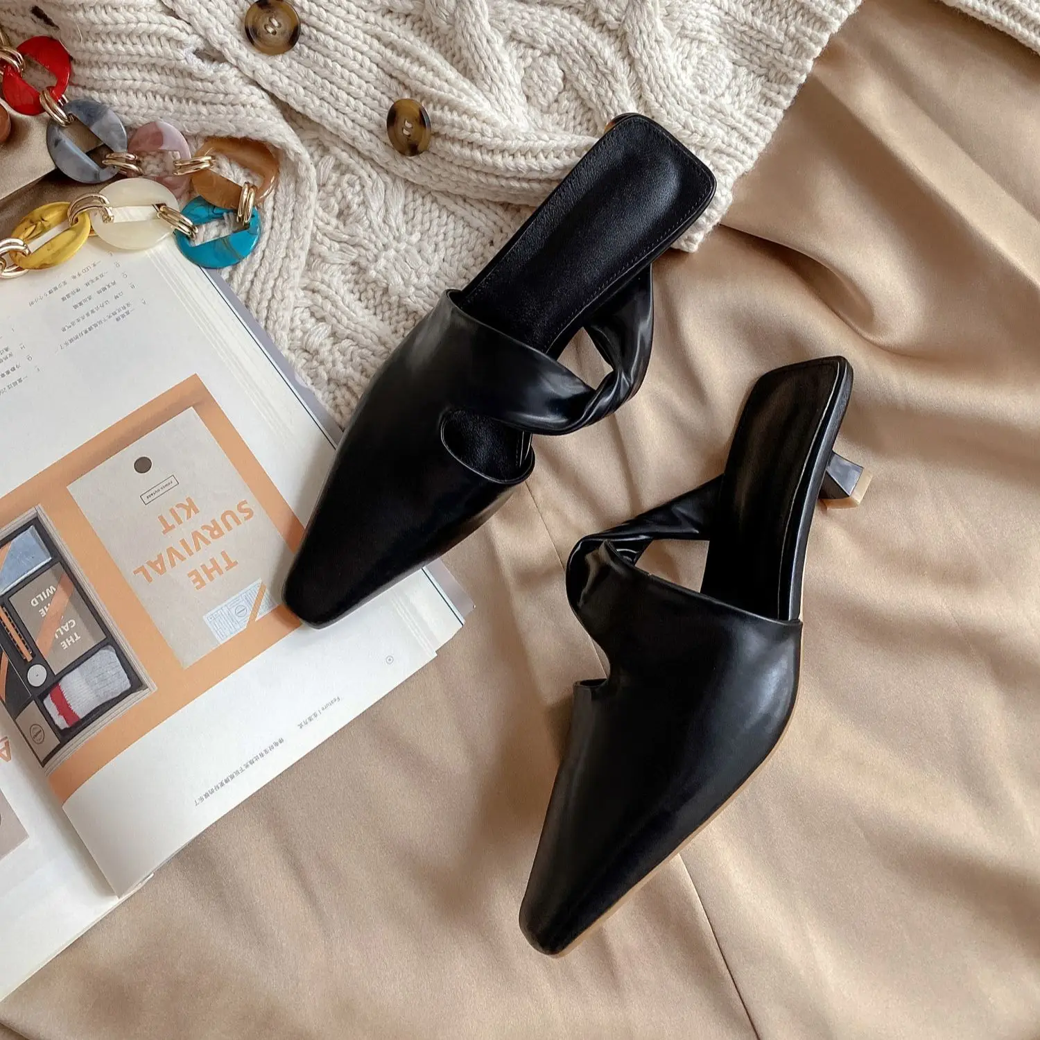 

ARQA New Summer Women's Novel Sandals Leather Lining Wine Glass Heels Turned Over Edge Covered Small Square Toe Slip On Slippers