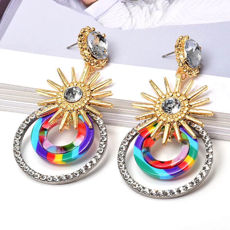 Модные Красочные акриловые серьги подвески золотого металла с кристаллами