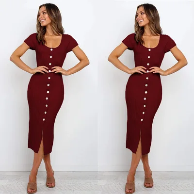 

Женское платье-карандаш средней длины, однотонное платье с коротким рукавом, круглым вырезом и эластичными пуговицами, лето