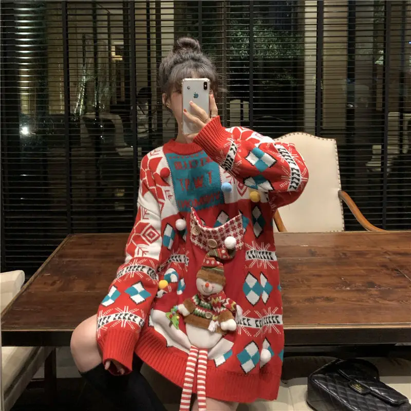 

Cool Christmas Tops Full Sleeve Girl High Street Knitting Sweater Pullover Loose Cute Cartoon Harajuku Winter Sweater Women