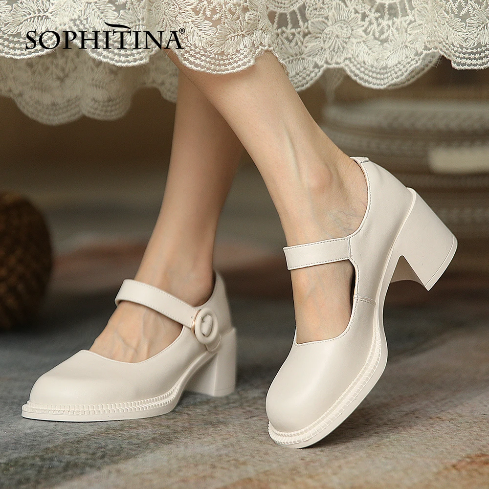 

Женские туфли-лодочки SOPHITINA, натуральная кожа, круглый носок, квадратный каблук, пряжка, ремешок, высокий каблук, Повседневная офисная обувь,...