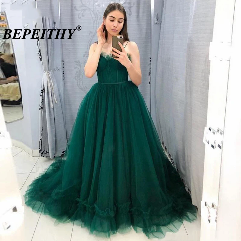 

BEPEITHY Sweetheart Green Tulle Evening Dresses Formal Elegant 2021 Spaghetti Straps Ball Gown Prom Dress For Women Long