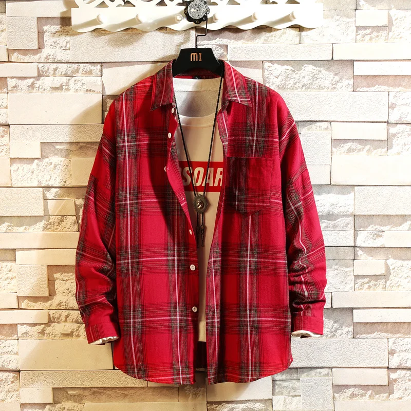 

Plaid Men Casual Shirt Slim Fit Spring Flannel Red Check Shirt Men Shirts Long Sleeve Designer Homme Cotton Male Clothes B50