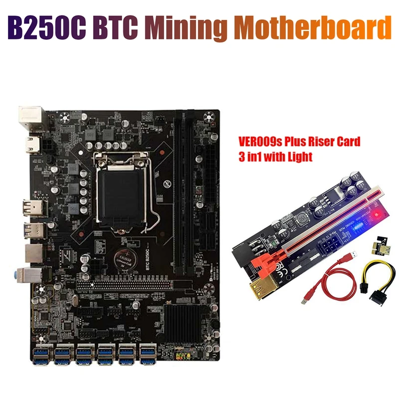 

B250C BTC Miner Motherboard+009S Plus Riser Card 3 In 1 with Light 12XPCIE to USB3.0 GPU Slot LGA1151 Mining Motherboard