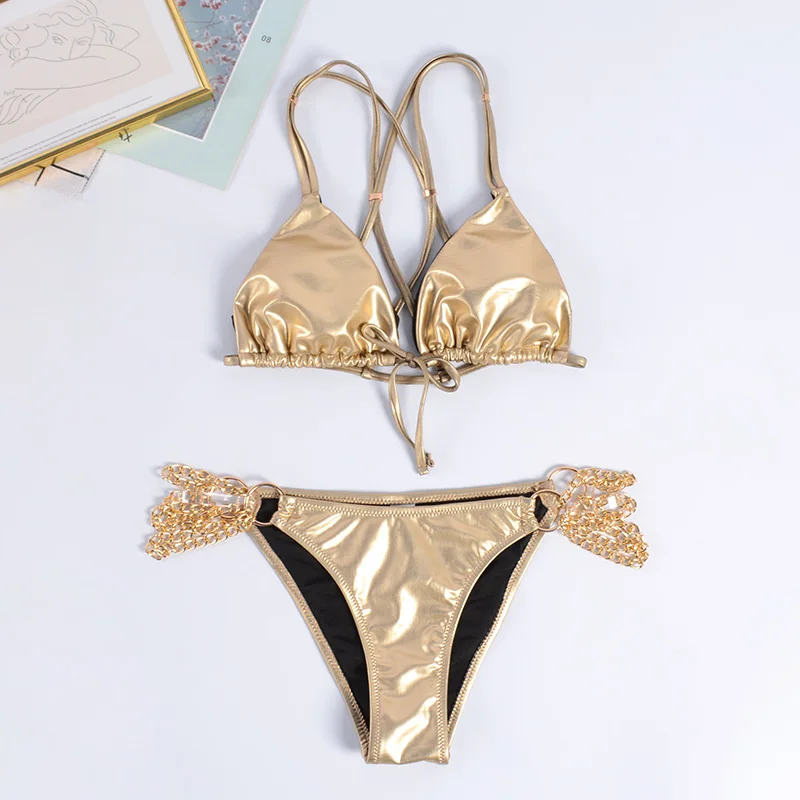 Sexy String Bikini Bright Swimsuit Push up Swimwear Women 2020 Chain Bathing Suit Swimming Bathers Pink Biquini Beach | Женская одежда