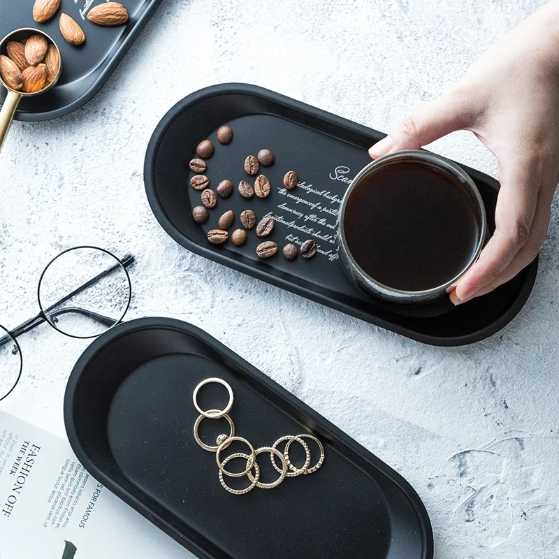 

Stainless Steel Black Tea Tray Plate Dessert Cake Fruit Dish Letter Plates Cosmetics Storage Trays Jewelry Display Home Decor