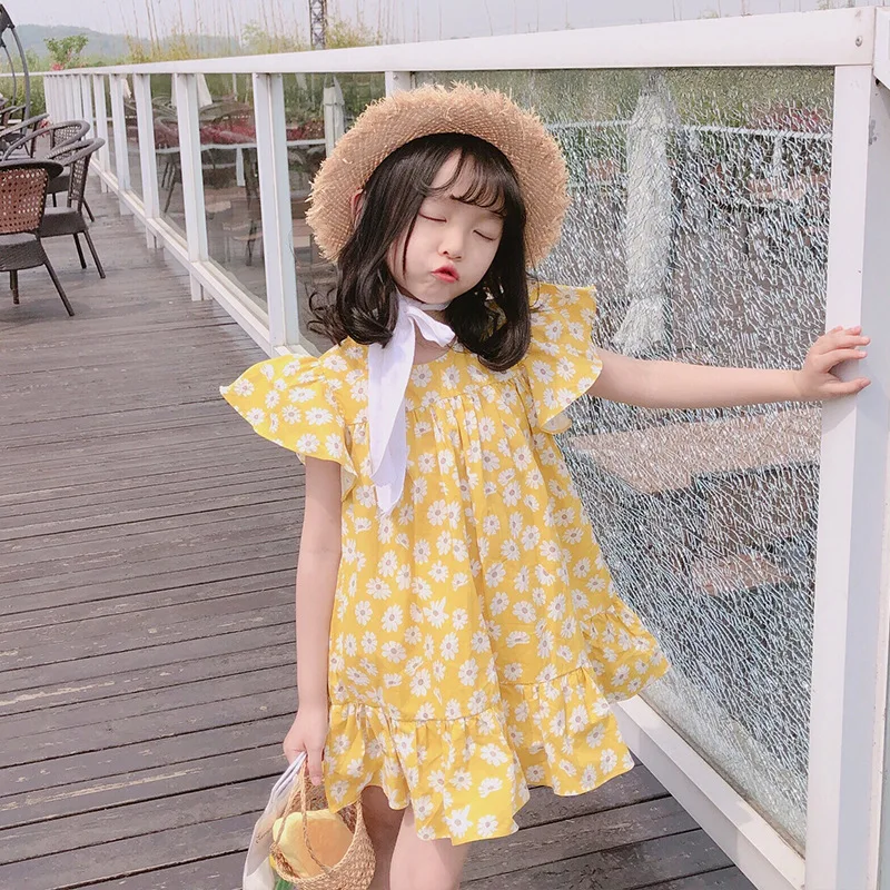 

Платье для девочек; Сезон лето; Новинка 2020 года; Милое платье с принтом маленьких ромашек; Платье с оборками и рукавами для девочек; Платье с ...