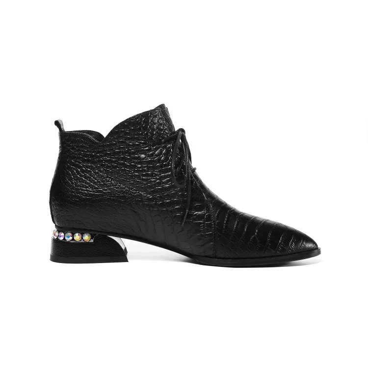 MLJUESE 2020 women ankle boots cow leather pointed toe checkered lace up winter short plush low heels party dress | Обувь