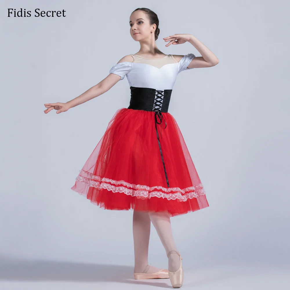 

Black+White Top Bodice w/Red Tulle Tutu Skirt Peasant Romantic Ballet Tutu Dress,Girls Ballerina YAGP Performance Stage Costumes