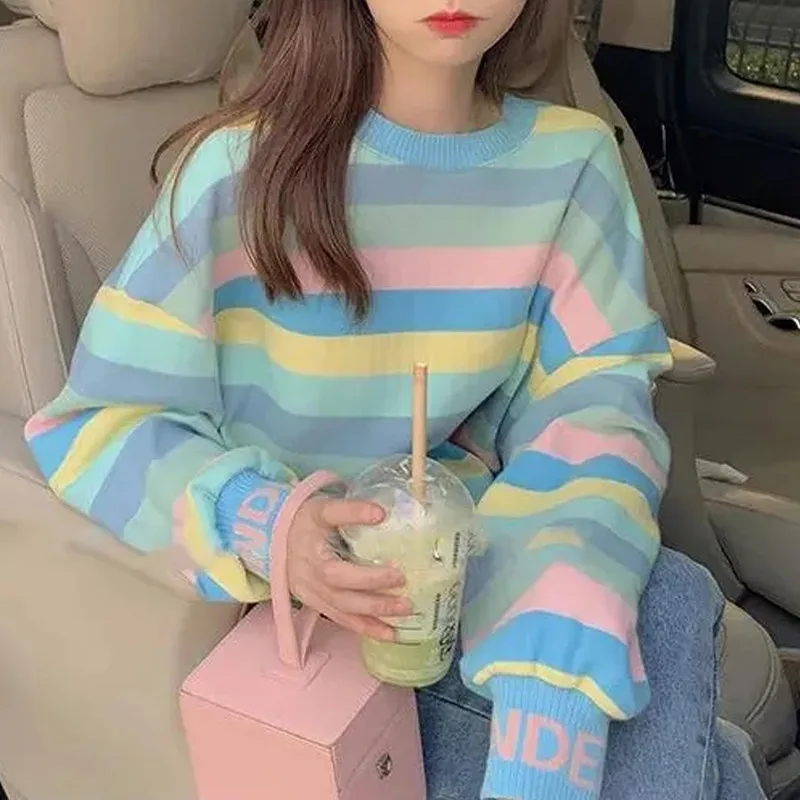 

Autumn Women O Neck Rainbow Stripes Oversized Sweatshirt Korean Fashion Sweet Style Pullovers Tops Female Loose Sweats