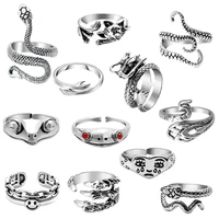 12pcs vintage punk rings kits black silver stainless octopus snake chinese dragon frog cry face smiley hug hip hop neutral ring