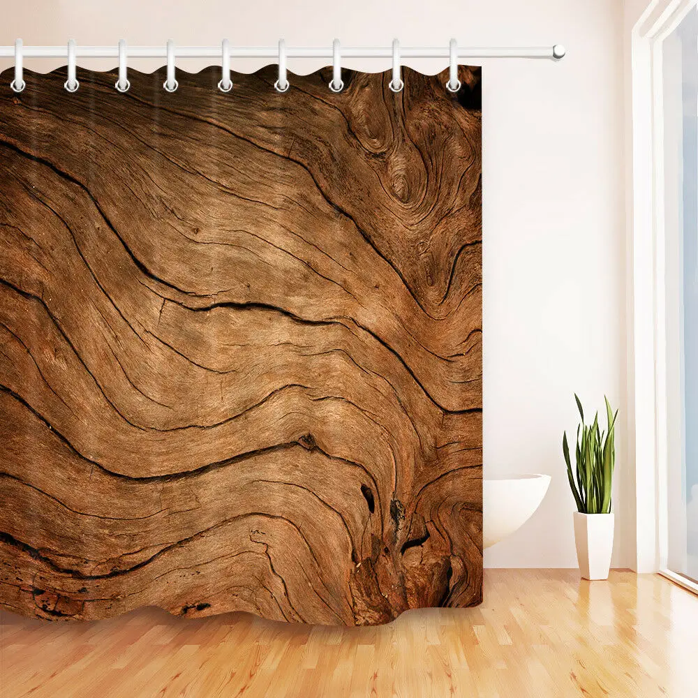 

Brown Wood Curved Texture Shower Curtain Set Bathroom Polyester Fabric