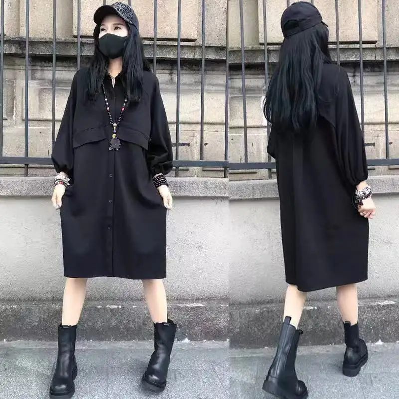 

2021 spring new retro large size casual slimming dress women's high waist fashion mid-length lapel single breasted pocket dress