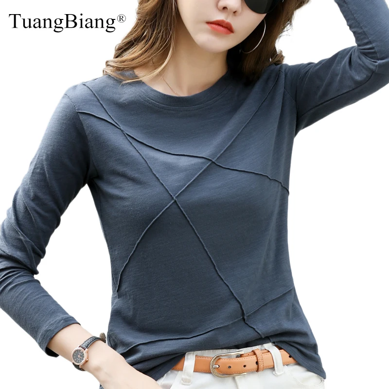 2022 Ribbed Sping Fashion Bamboo Cotton T-Shirt Autumn Women O-Neck Loose Simple Purple Tshirt Long Sleeve Ladies Green Cozy Top