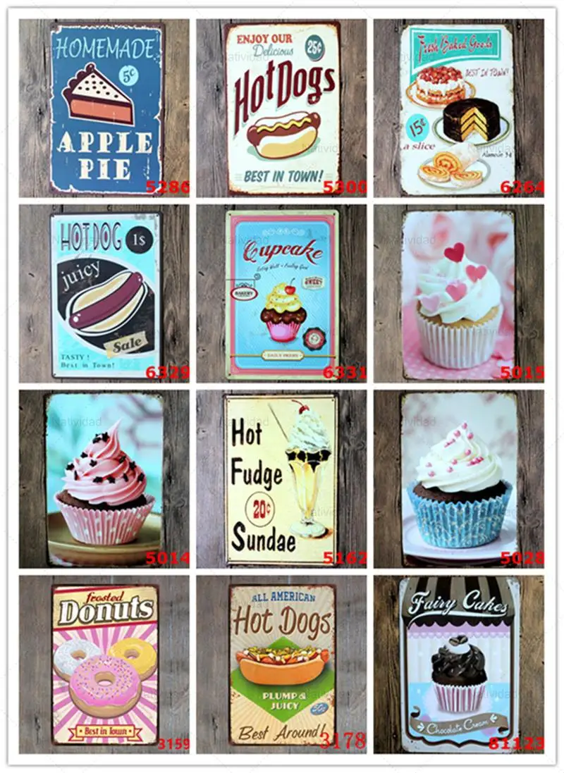 

New Fast Food Metal Tin Signs Retro Plaque Diner Metal Tin Signs Cakes Icecream Wall Decor for Kitchen Cafe Bar Fast Food Metal