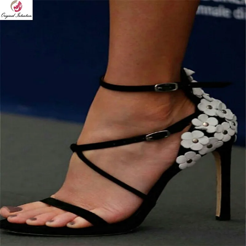 

Original Intention Elegant Women Cross-tied Sandals Open Toe High Heels Sandals Flower Black Sexy Shoes Woman Plus Size 4-15