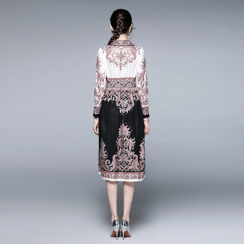 

Summer New Women's High-End Block Print Long-Sleeve Midi Dress with Belt