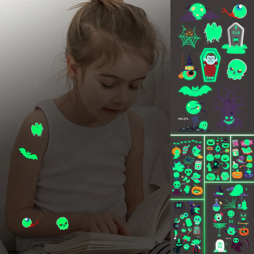 

Waterproof Temporary Tattoo Sticker Moon Skull Bat Grave Spider Child Arm Cheek Glowing Tatto Halloween Horror Funny Sticke