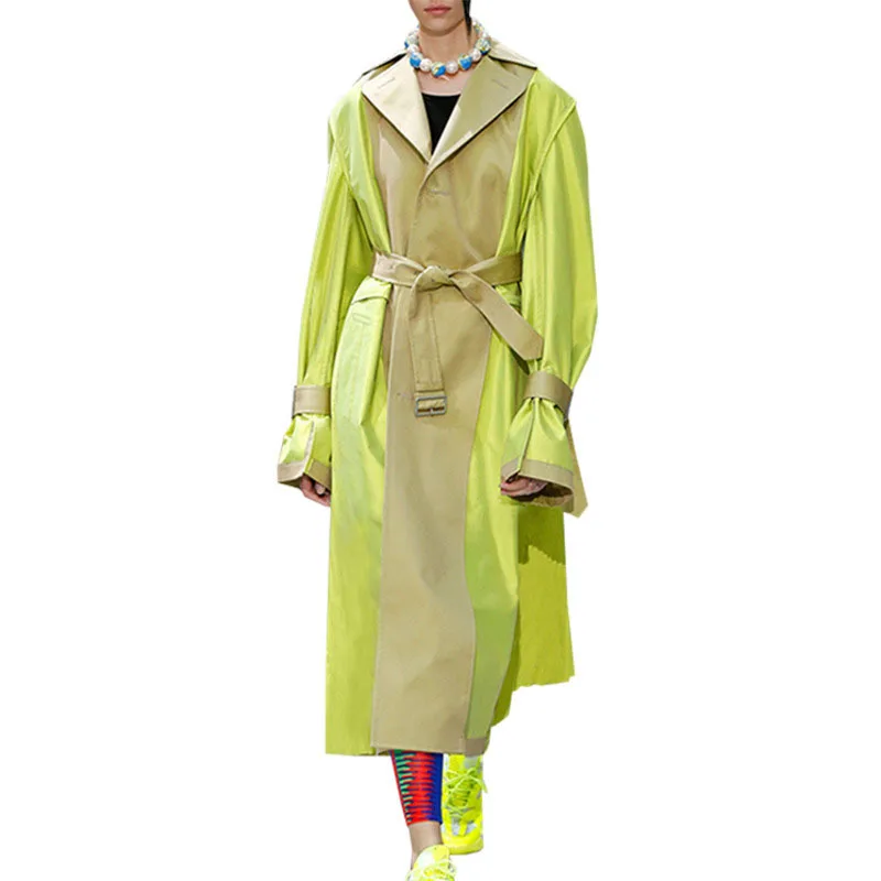 

{DEAT} Women Yellow Patchwork Single Breasted New Turn-down Collar Long Sleeve Loose Fit Windbreaker Fashion Summer 2021 7E1100