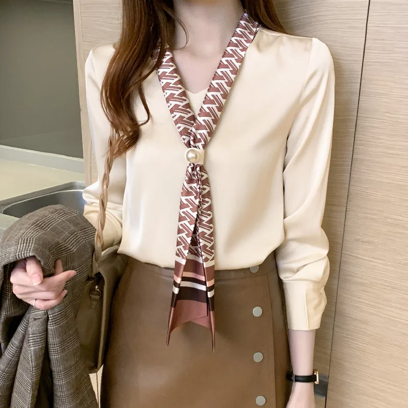 

Yg Brand Women's Wear, 2021 Spring And Autumn New Pure Color Fashion Lining Women's Shirt, V-neck Tie Shirt, Temperament Long Sl