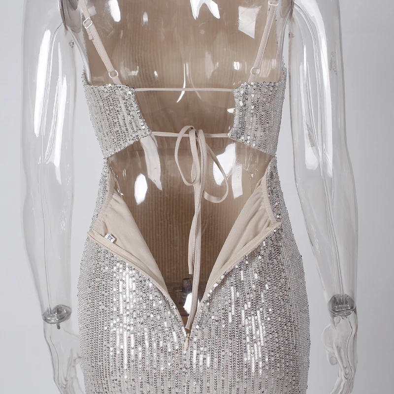 

Lace Up Hollow Out Backless Stretch Sequined Long Dress O Neck