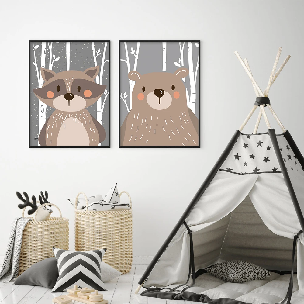 Забавный медведь лиса кролик плакаты печать лесной лес мультфильм картина с