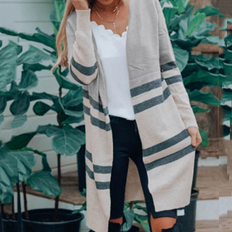 Женский длинный кардиган в полоску Umeko Осенний Вязаный Кардиган с длинным