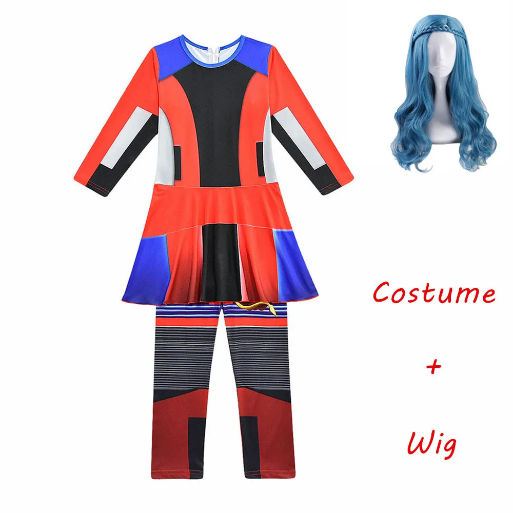 A and wig Костюмы для девочек на Хеллоуин, 3 evie, детские костюмы для детей, костюм для девочек, вечерние комбинезоны для косплея, хвост русалки - Цвет: A and wig