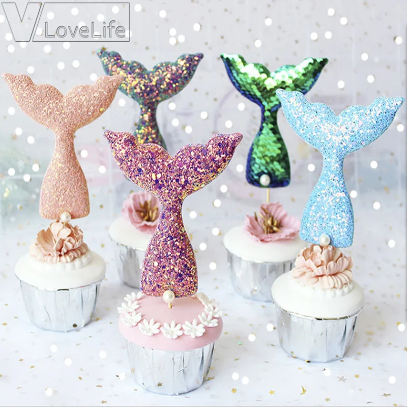 Красочные Блестки Русалка хвост кекс топперы морской медиаторы Свадебная