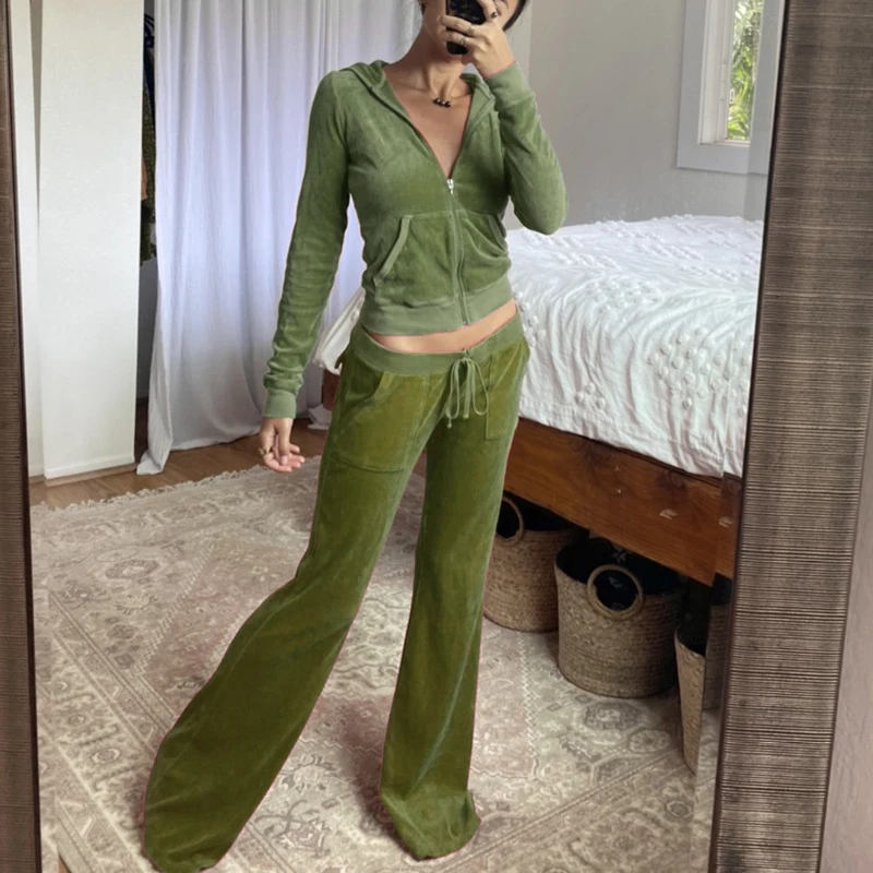 

Velvet Casual Elegant 2 Pieces Set Women Outfits Zipper Sweatshirt And Pant 2021 Tracksuits women y2k Solid Hoodies Suit