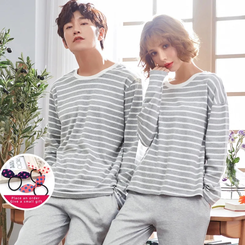 Пижама для пар в белую полоску хлопковый топ сна с круглым вырезом и длинным