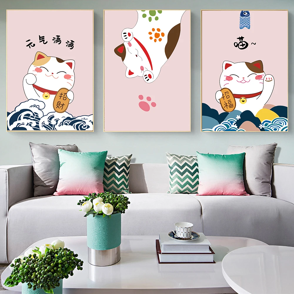 

Japanese Style Poster Lucky Cat Canvas Painting Cute Animal Art Print Modern Cartoon Wall Art Pictures For Restaurant Home Decor