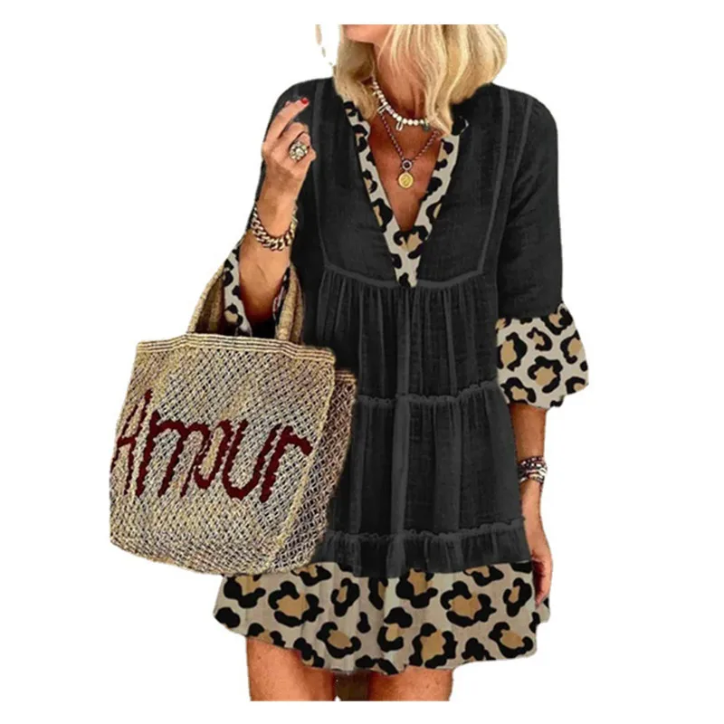 

Summer Elegant Leopard Printed A-Line Dress Women Sexy V-neck Half Sleeve Loose Dresses Ladies Casual Beach Vestido S-3XL