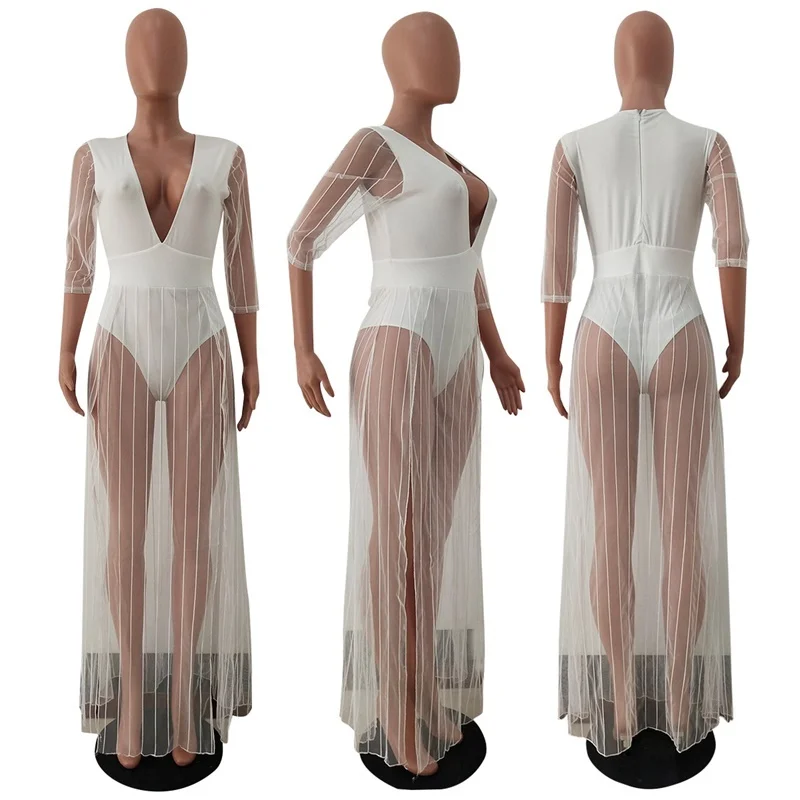 

Sexy Mesh See Through Jumpsuit Women V Neck Half Sleeve Solid Stripes Stretchy Bodycon Rompers 2020 Party Clubwear Jumpsuit