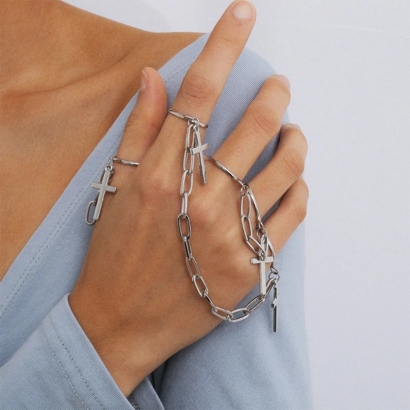 

3 Pcs/Set Punk Cross Knuckle Rings with Link Chain Tassel Finger Ring for Women Men Teens Girls Jewelry Gifts