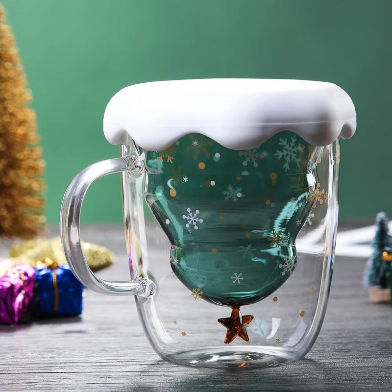 

300ML Double Layered Anti Scald Glass Christmas Tree Starry Sky Coffee Mug Thermal Insulation Breakfast Milk Cup Children's Gift