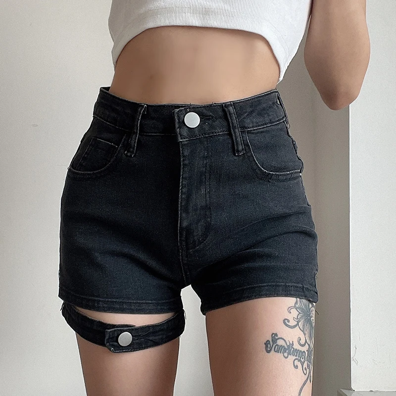 

HEYounGIRL Casual Skinny High Waisted Short Jeans Blue Black Solid Denim Trousers with Leg Ring Summer Fashion Streetwear 2021