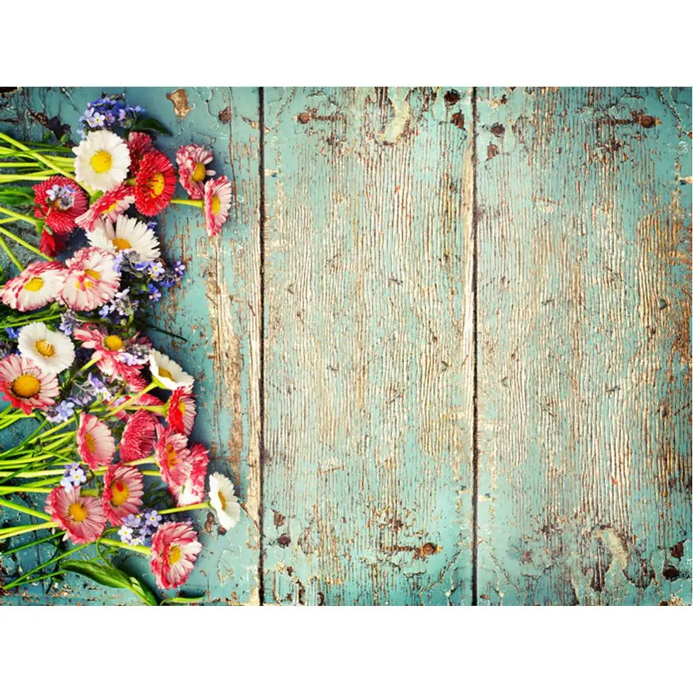 Деревянные доски фон с изображением зеленой и красные цветы для фотосъемки