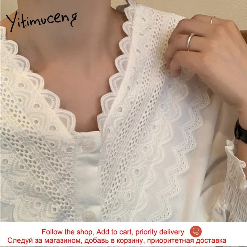 

Yitimuceng White Blouse Woman Lace Button Up Straight Tops Korean Fashion Long Puff Sleeve V-Neck Office Lady Shirts 2021 Spring