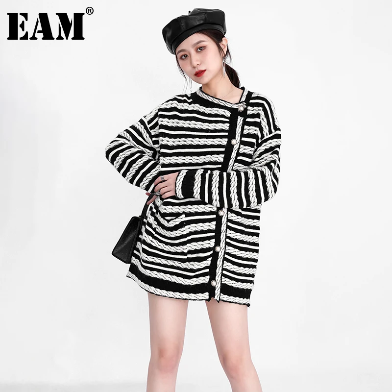 

[EAM] Black Striped Knitting Cardigan Sweater Loose Fit V-Neck Long Sleeve Women New Fashion Tide Autumn Winter 2022 1DE329901