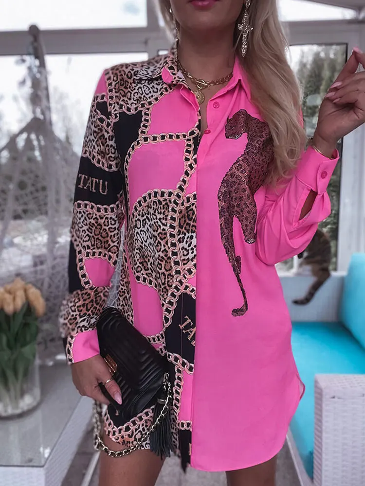 Summer Women Casual Loose Daily Wear Long Sleeve Pink Tops Turn-down Collar Cheetah Chain Print Colorblock Longline Shirt