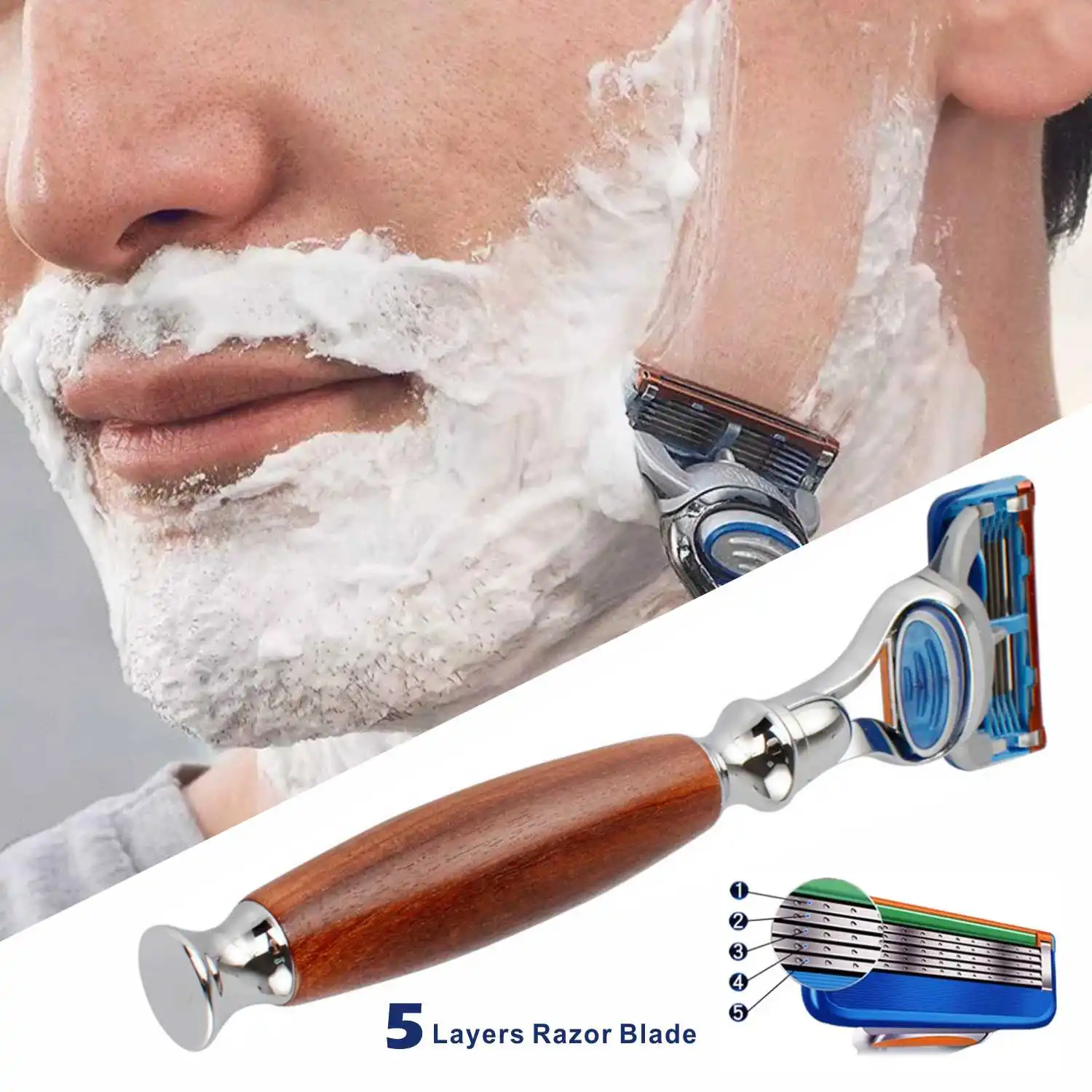 

Men Manual Wood Handle Razor, male Blade Shaving Sharpener 5 Layer Top Quality Razor Blades Head Suitable for Fusione5
