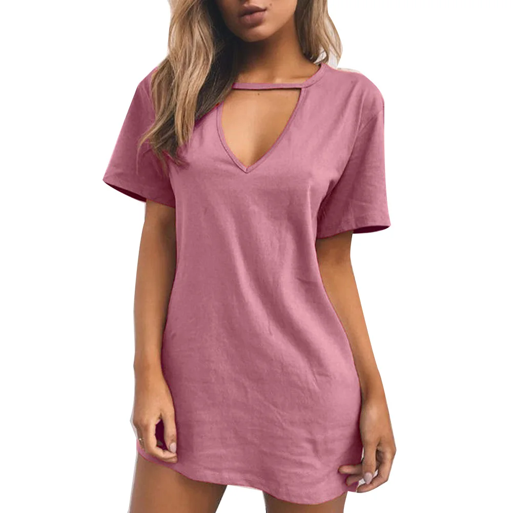 Женское однотонное платье-футболка с V-образным вырезом и коротким рукавом из